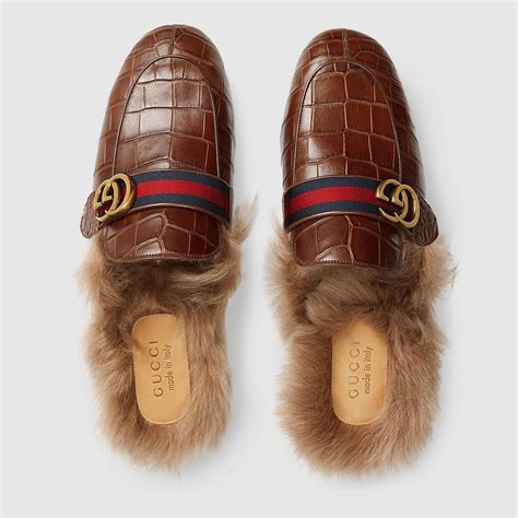 gucci fur slippers look|gucci crocodile slippers.